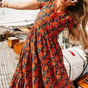 Ivy City Co Red and Blue Floral Midi Dress